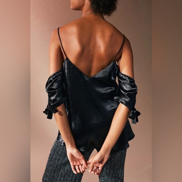 UO Silence + Noise Blue Shiny Cold Shoulder Tie Top - Picture 2 of 14